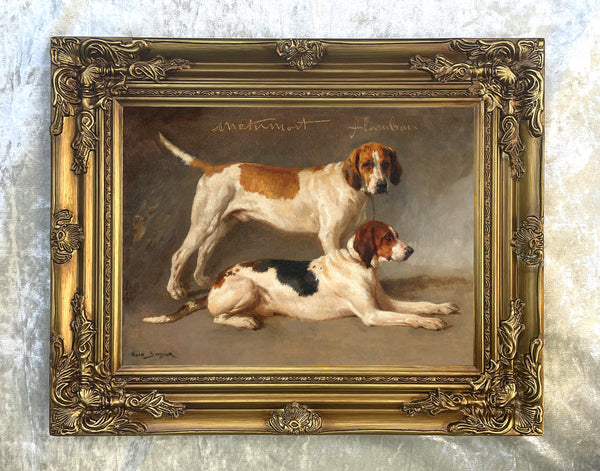 Fine Gilt Framed Oleograph of a Pair of  Resting Foxhounds