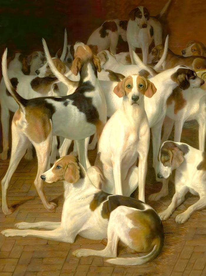 Fine Gilt Framed Oleograph of Hounds in a Stable