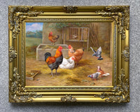 Fine Oleograph on Canvas - Chickens & Pigeons in a Yard