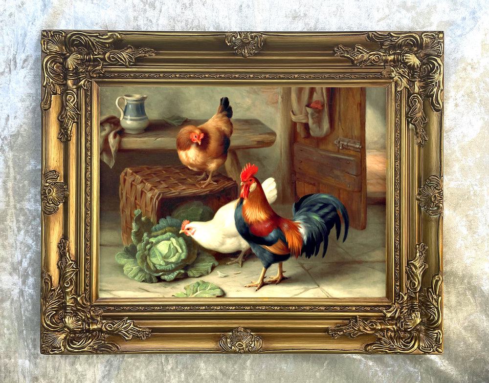 Fine Oleograph on Canvas - Chickens & Hens in an Outhouse