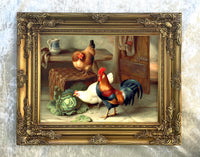 Fine Oleograph on Canvas - Chickens & Hens in an Outhouse