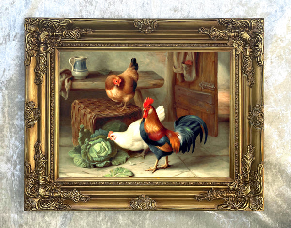 Fine Oleograph on Canvas - Chickens & Hens in an Outhouse