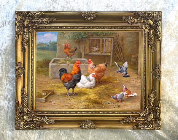 Fine Oleograph on Canvas - Chickens & Pigeons in a Yard