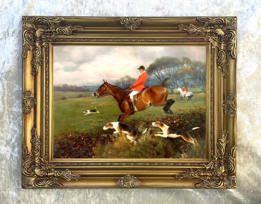 Fine Oleograph on Canvas of Huntsmen & Hounds "Over the Hedge"