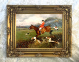 Fine Oleograph on Canvas of Huntsmen & Hounds "Over the Hedge"