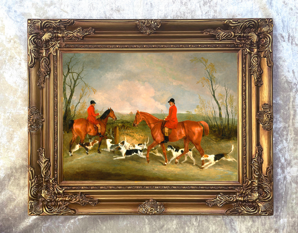 Fine Oleograph on Canvas - The Quorn Hunt - Huntsmen and Hounds in a Landscape