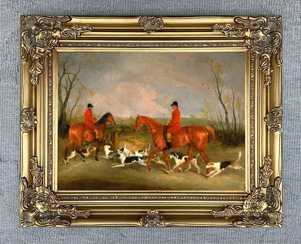 Fine Oleograph on Canvas - The Quorn Hunt - Huntsmen and Hounds in a Landscape