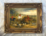 Oleograph on Canvas of Huntsmen & Hounds at a Crossroads