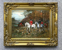 Oleograph on Canvas of a Huntsman on a Grey Hunter with Hounds