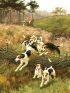 Oleograph on Canvas of a Huntsmen & Hounds "Over the Hedge"