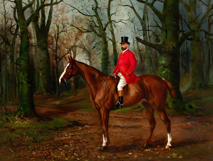 Fine Oleograph on Canvas - Huntsman on a Bay Hunter in Woodland in Woodland