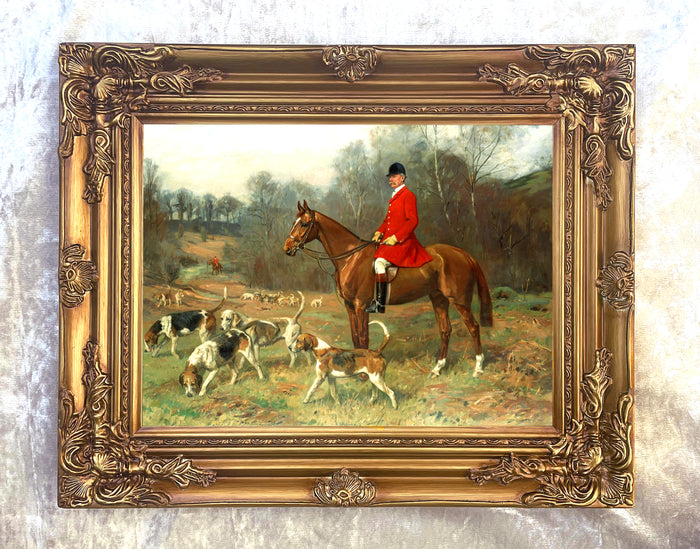 Fine Oleograph on Canvas of a Huntsman & Hounds in the Field