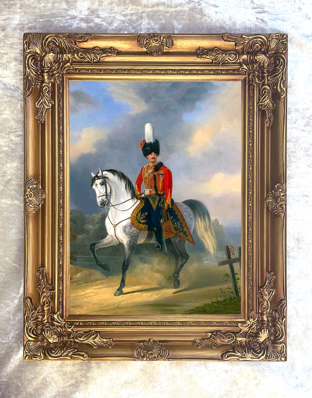 Fine Oleograph on Canvas of a Mounted Hussar in a Landscape
