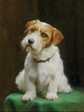 Gilt Framed Oleograph of a Jack Russell on a Green Cushion