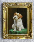 Gilt Framed Oleograph of a Jack Russell on a Green Cushion