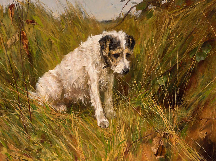 Gilt Framed Oleograph of a Long Haired Jack Russell 