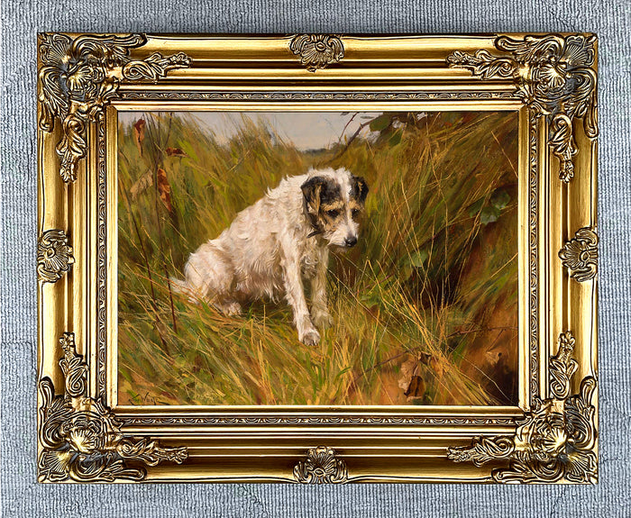 Gilt Framed Oleograph of a Long Haired Jack Russell 