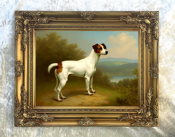 Beautiful Oleograph on Canvas - Jack Russell Terrier in a Landscape