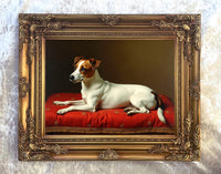Gilt Framed Oleograph of a Jack Russell resting on a Velvet Cushion