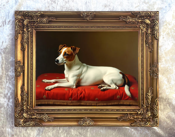Gilt Framed Oleograph of a Jack Russell resting on a Velvet Cushion