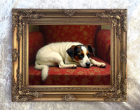 Gilt Framed Oleograph of a Jack Russell sleeping laying on a Sofa