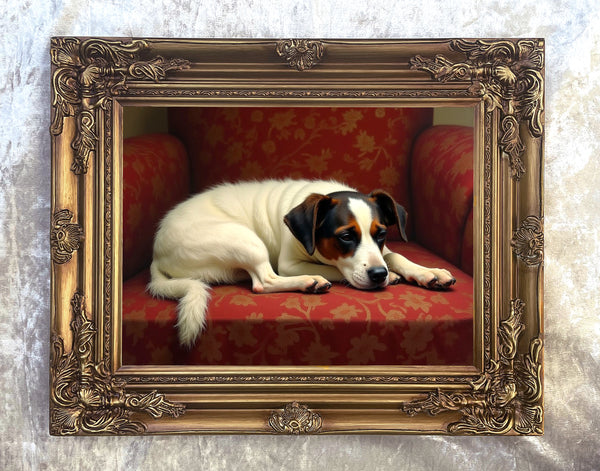 Gilt Framed Oleograph of a Jack Russell sleeping laying on a Sofa