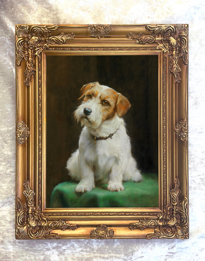 Gilt Framed Oleograph of a Jack Russell on a Green Cushion