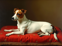 Gilt Framed Oleograph of a Jack Russell resting on a Velvet Cushion