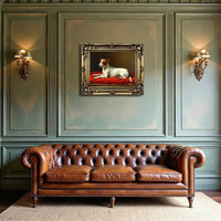 Gilt Framed Oleograph of a Jack Russell resting on a Velvet Cushion