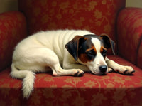 Gilt Framed Oleograph of a Jack Russell sleeping laying on a Sofa