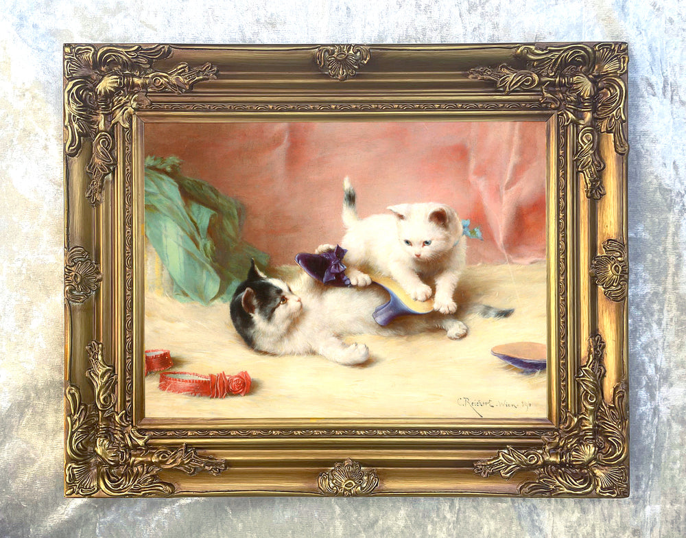 Fine Oleograph on Canvas of Kittens playing with a shoe