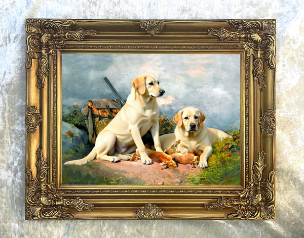 Fine Oleograph on Canvas - A Pair of Labradors - After the Shoot