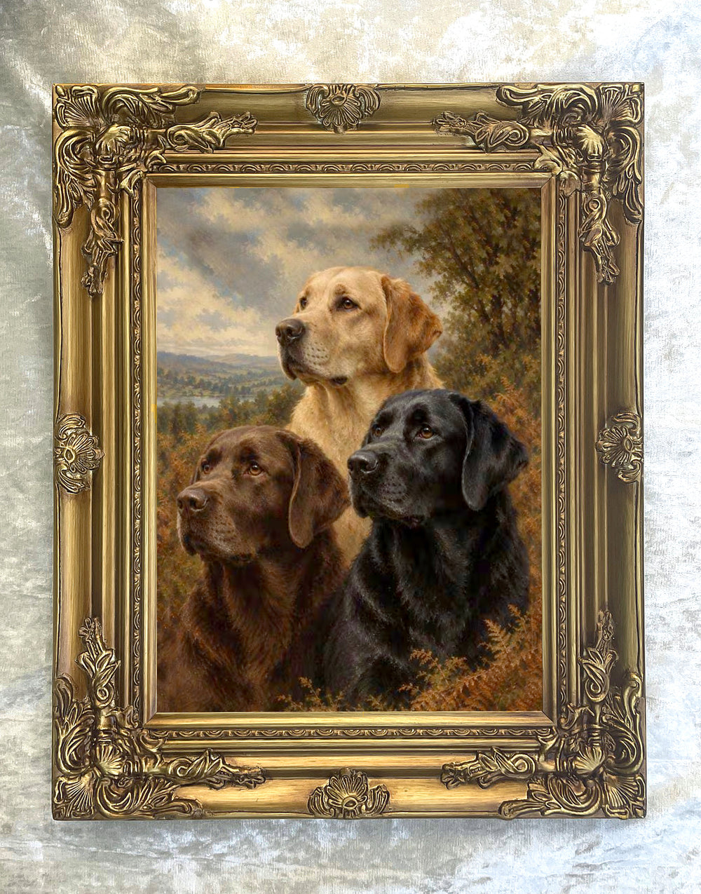 Fine Ornate Framed Oil Painting Print - 3 Labradors "in the Field"