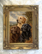Fine Ornate Framed Oil Painting Print - 3 Labradors "in the Field"