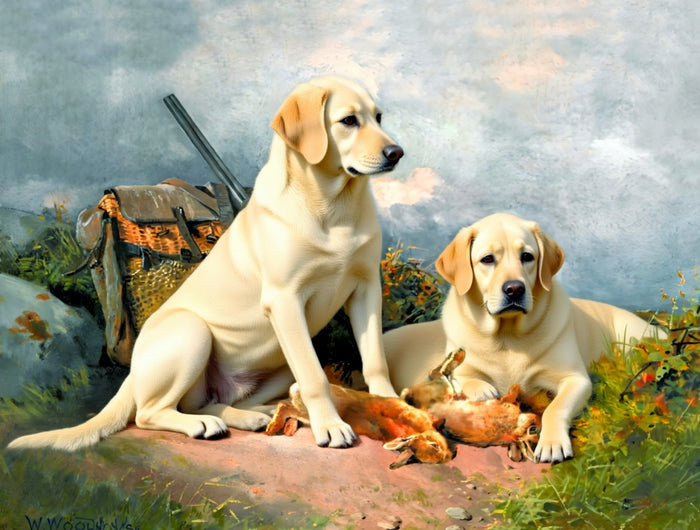Fine Oleograph on Canvas - A Pair of Labradors - After the Shoot