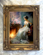 Exquisite Oleograph on Canvas -  Elegant Lady with flowers by a Fireside