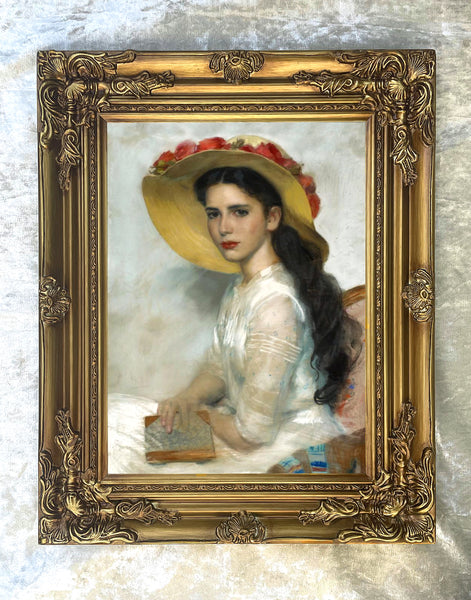 Exquisite Oleograph on Canvas - Portrait of an Elegant Edwardian Lady