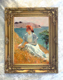 Fine Oleograph on Stretched Canvas of a Lady in a Coastal Landscape