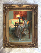 Large Gilt Framed Oleograph - Lady with a Bouquet of Flowers