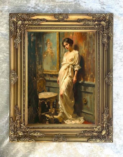Exquisite Oleograph on Canvas - Portrait of an Elegant Lady in her Boudoir