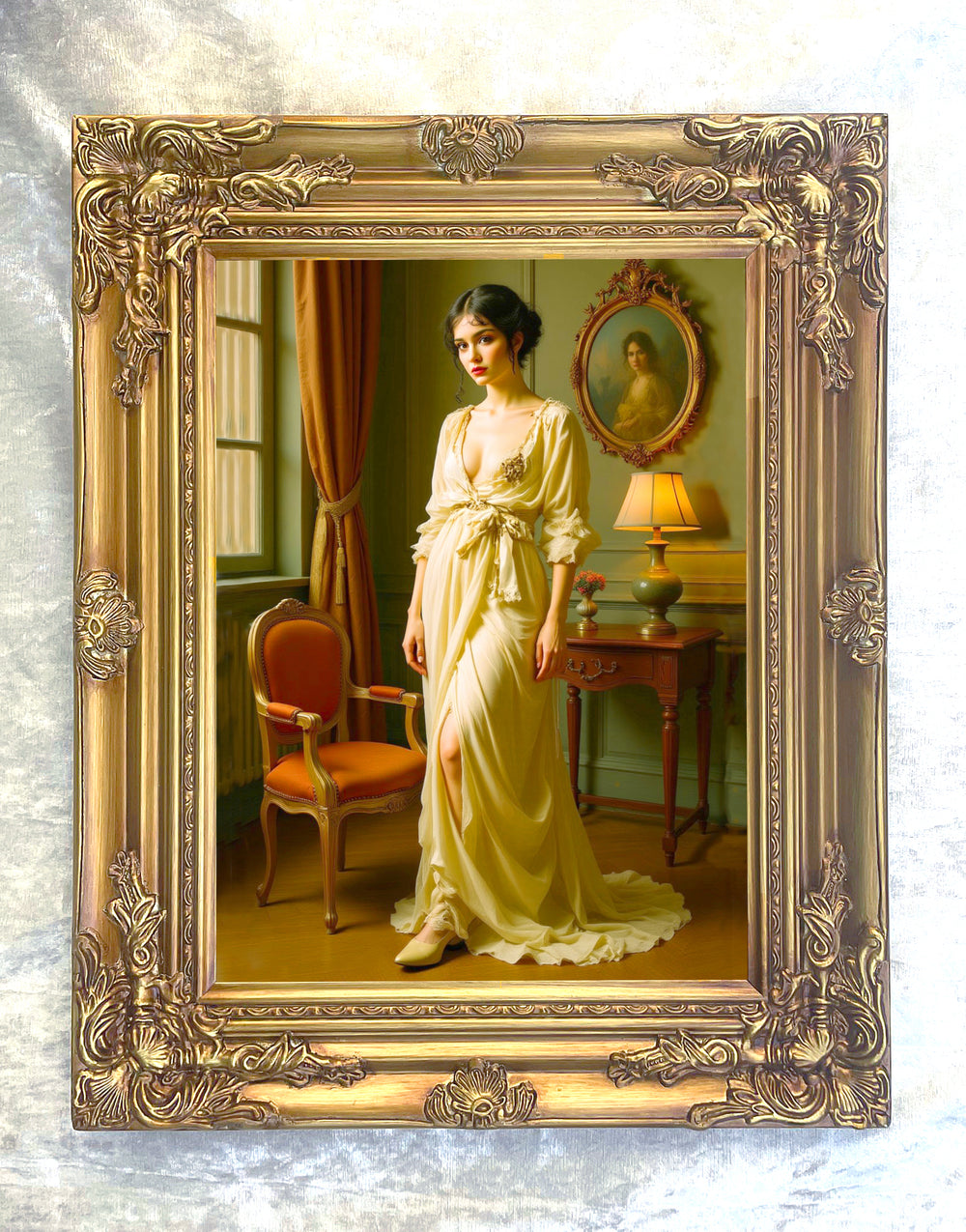 Exquisite Oleograph on Canvas - Portrait of an Elegant Lady in a Cream Robe