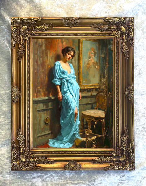 Fine Oleograph on Canvas - Portrait of an Elegant Edwardian Lady in her Boudoir