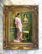 Exquisite Oleograph on Canvas - Portrait of an Elegant Lady in a Pink Robe