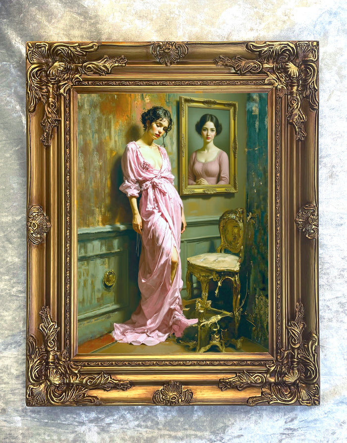Exquisite Oleograph on Canvas - Portrait of an Elegant Lady in a Pink Robe
