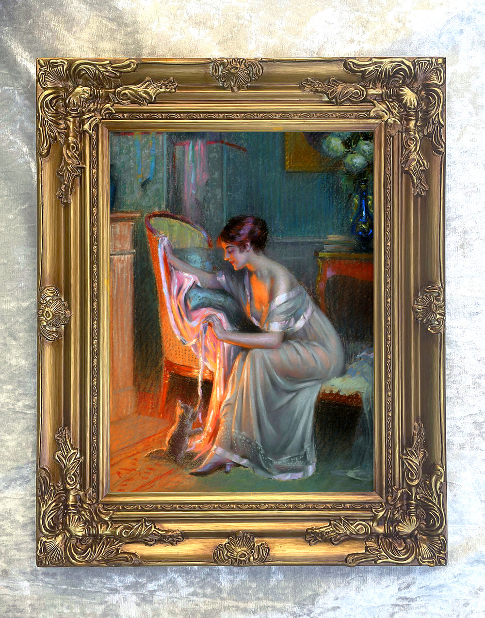 Exquisite Oleograph on Canvas - Portrait of an Elegant Lady by a Fireside