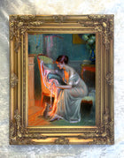 Exquisite Oleograph on Canvas - Portrait of an Elegant Lady by a Fireside
