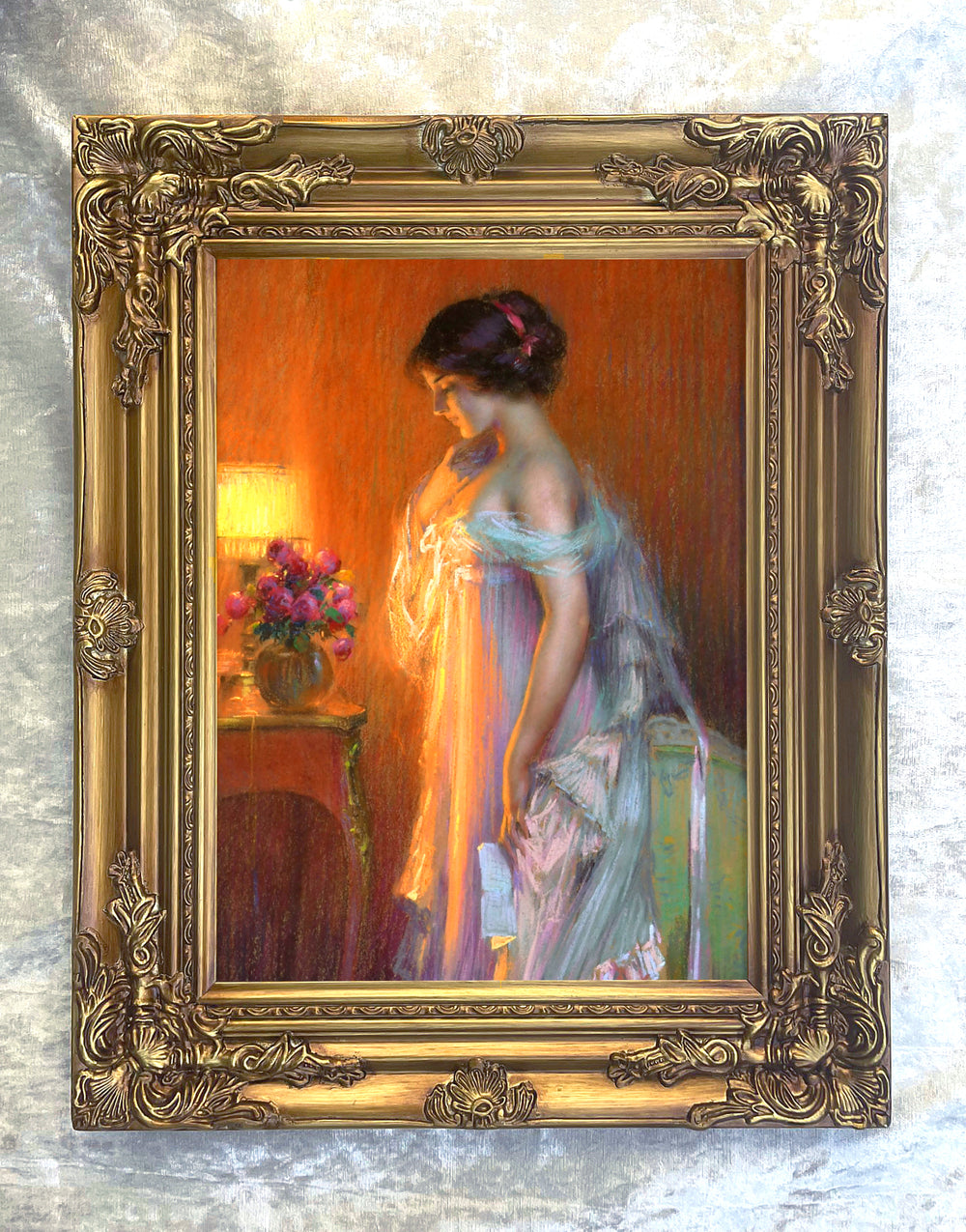 Exquisite Oleograph on Canvas - Portrait of an Elegant Lady by Lamplight