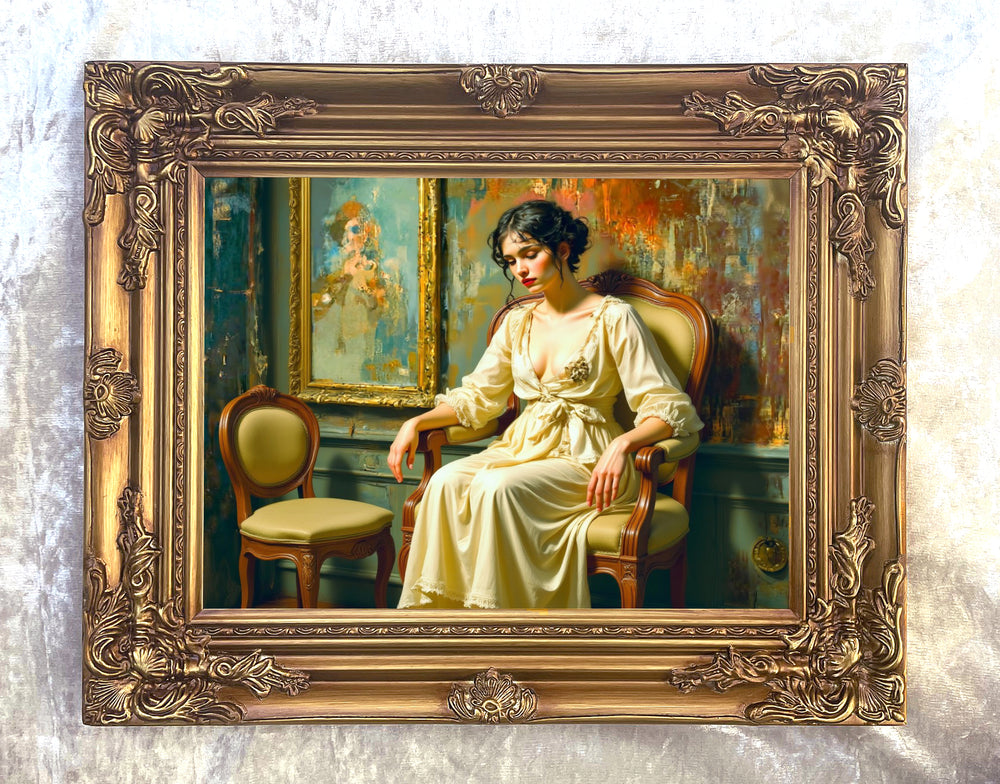 Fine Oleograph on Canvas - Portrait of an Elegant Edwardian Lady seated in her Boudoir