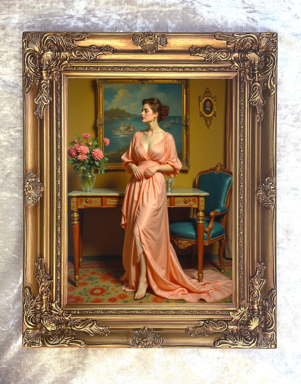 Fine Oleograph on Canvas - Portrait of an Edwardian Lady in a Salon