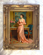 Fine Oleograph on Canvas - Portrait of an Edwardian Lady in a Salon
